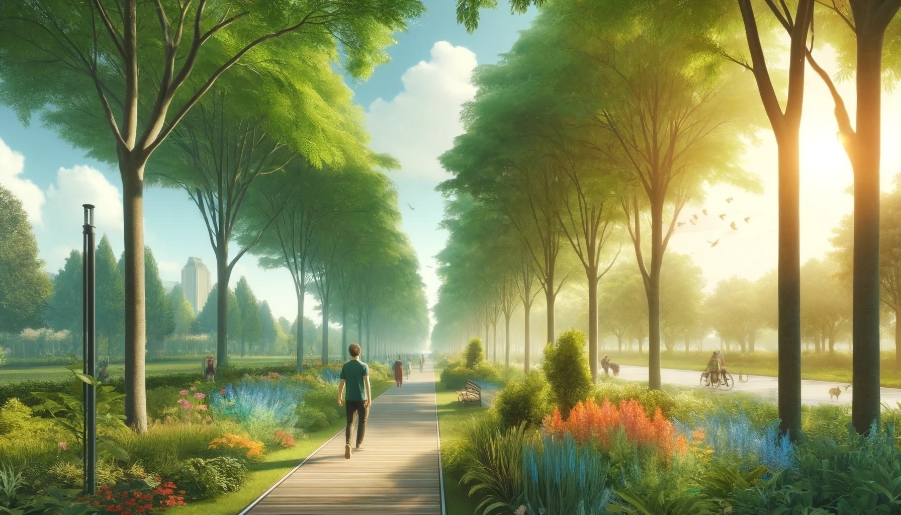 A person walks down a tree-lined path in a park filled with blooming flowers and lush greenery on a sunny day.